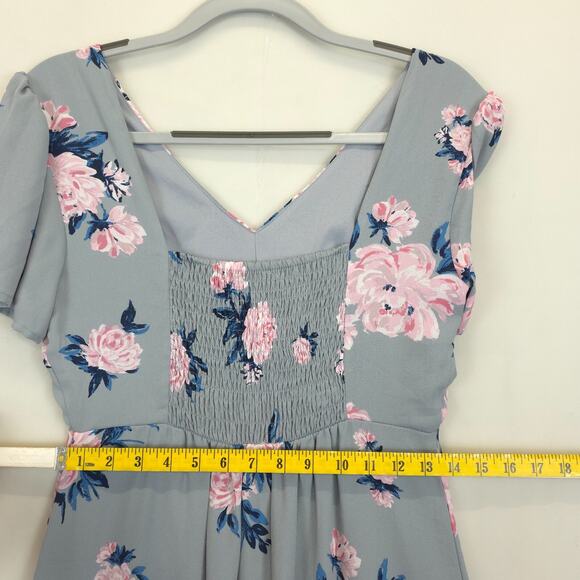 Candies Ruffled Midi Dress Babydoll Lined High Low Women S Gray Pink Floral - Picture 7 of 14